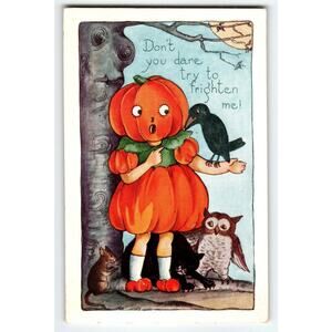 Vintage Whitney Halloween Pumpkin Head Goblin Girl with Black Cat & Owl Postcard